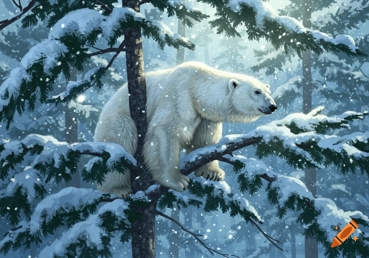 A fluffy white polar bear stands on a snow-covered pine tree branch in a winter forest during snowfall.