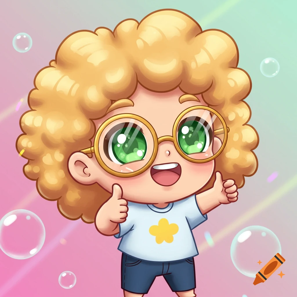 A cute blonde chibi character with green eyes and glasses gives two thumbs up, with bubbles around.
