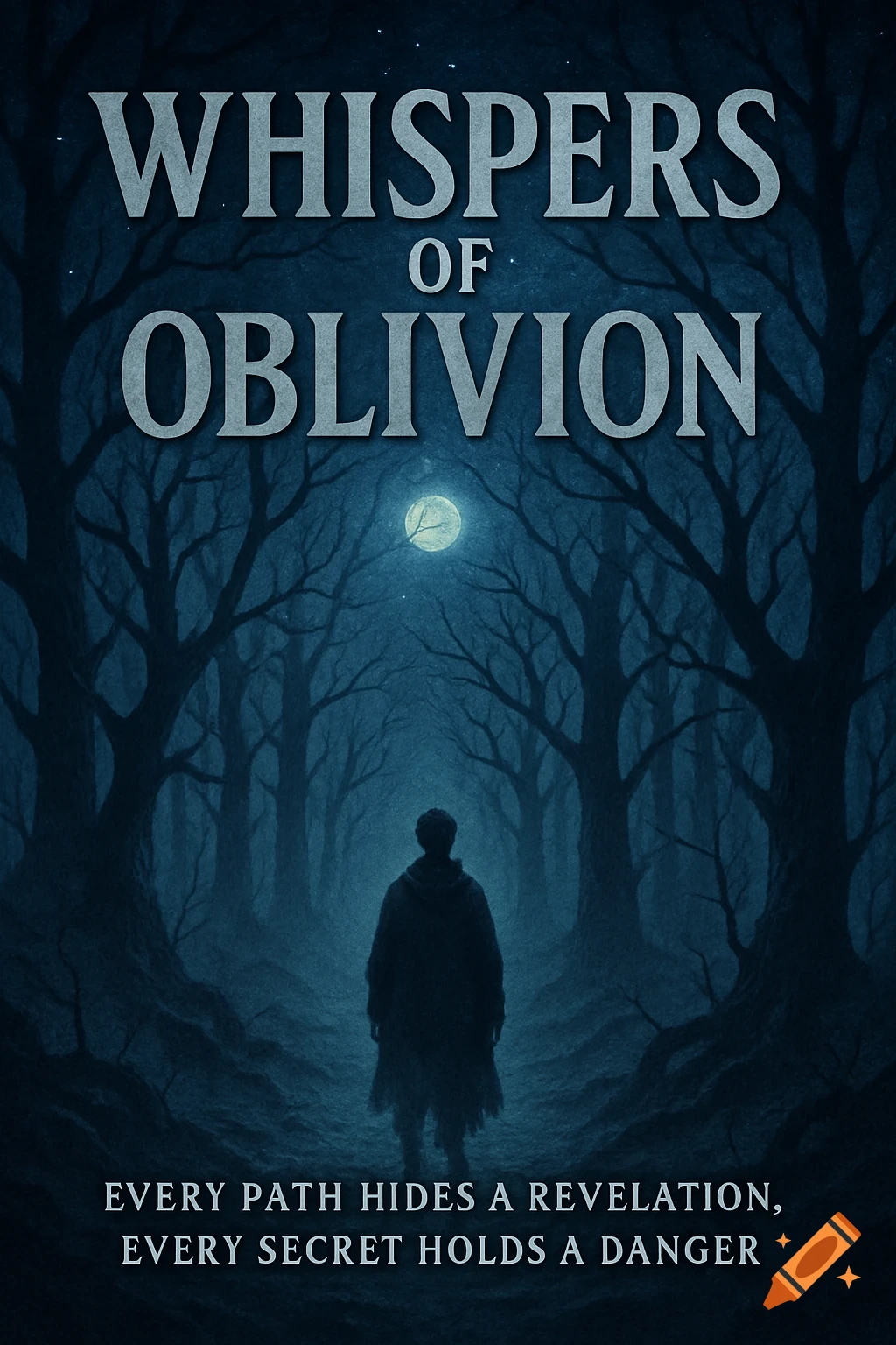 A lone hooded figure walks into a dark, eerie forest under a bright full moon. The image features a book title 'Whispers of Oblivion'.