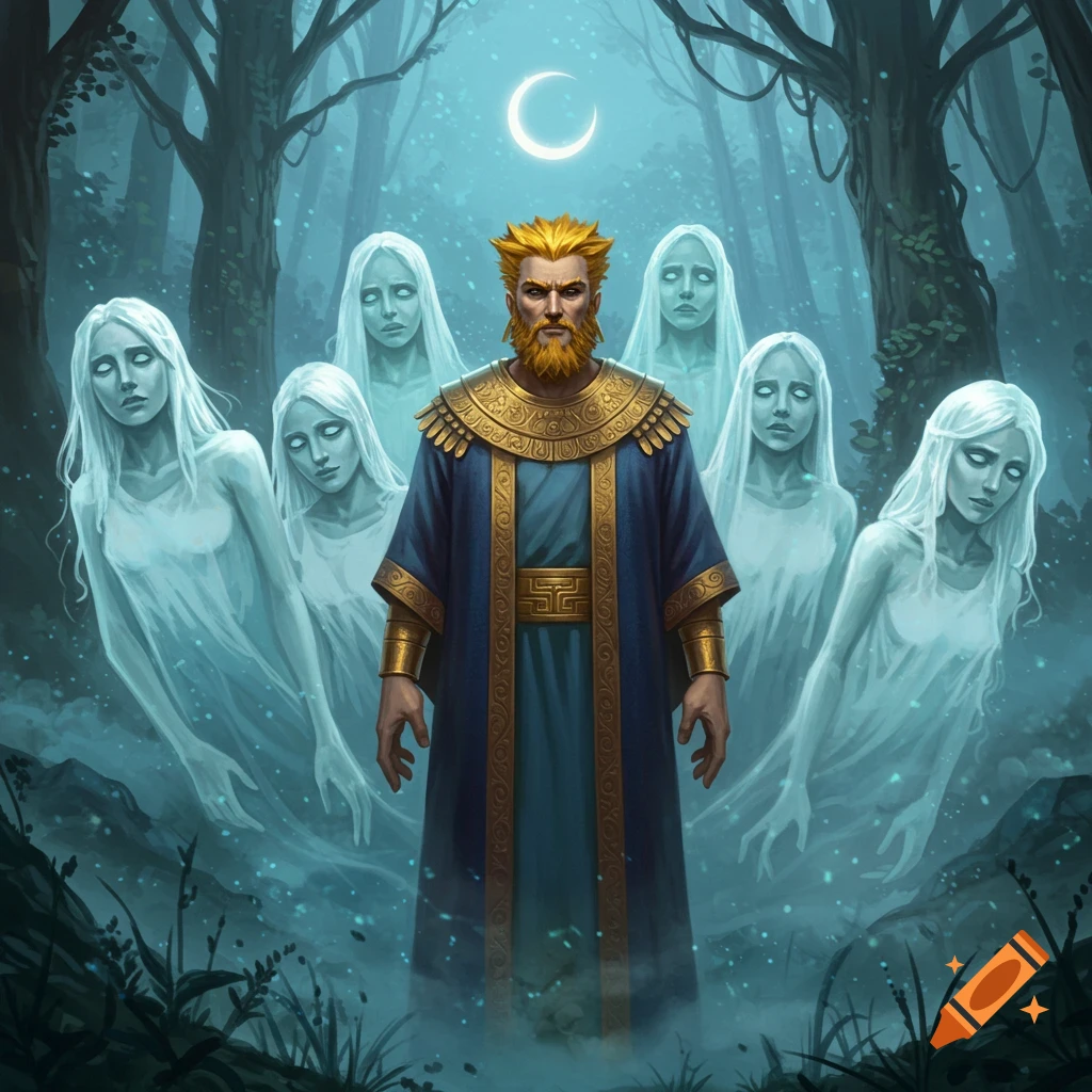 A regal, bearded man in a blue robe stands in a misty, dark forest, surrounded by pale, ethereal ghosts under a crescent moon. Fantasy art.