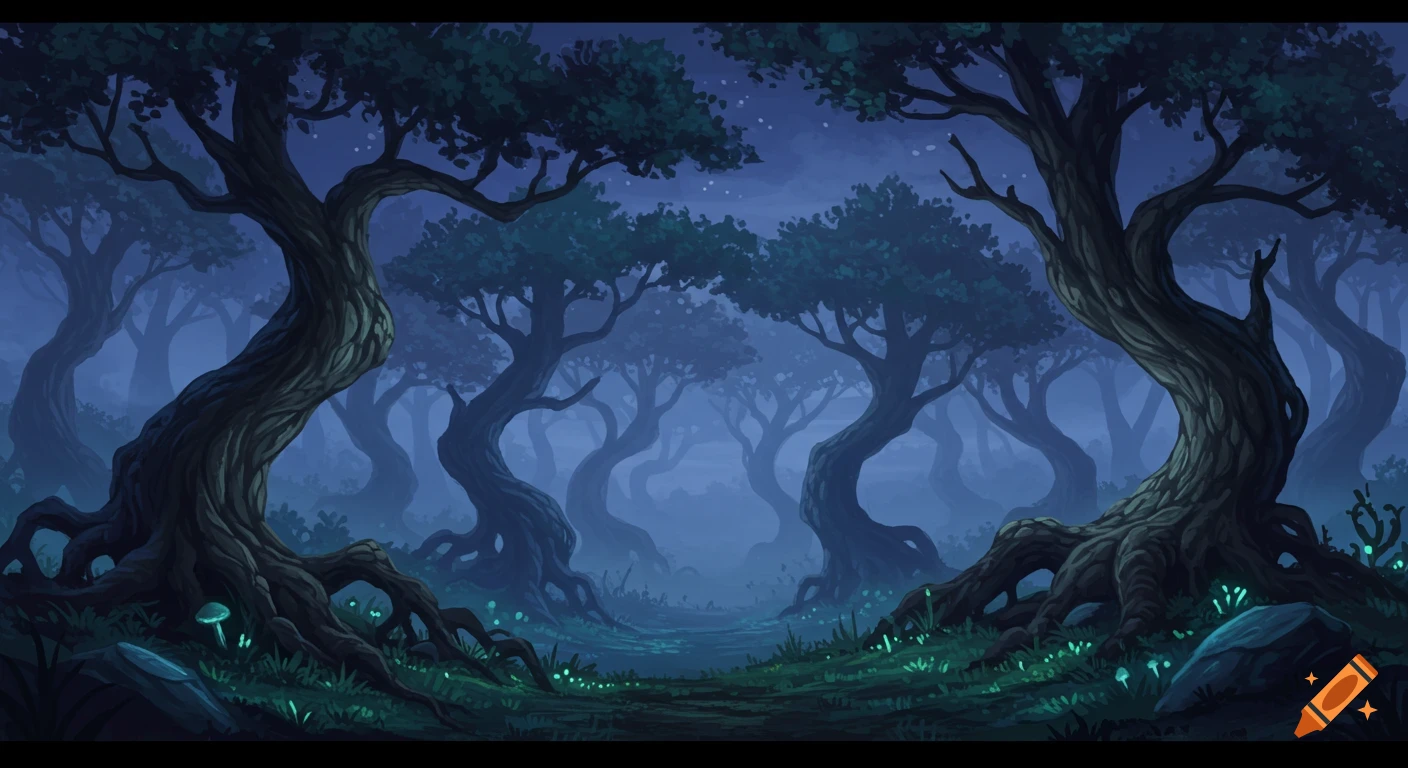 Dark, misty forest with twisted, gnarled trees and glowing mushrooms on the ground, creating a magical, eerie atmosphere.
