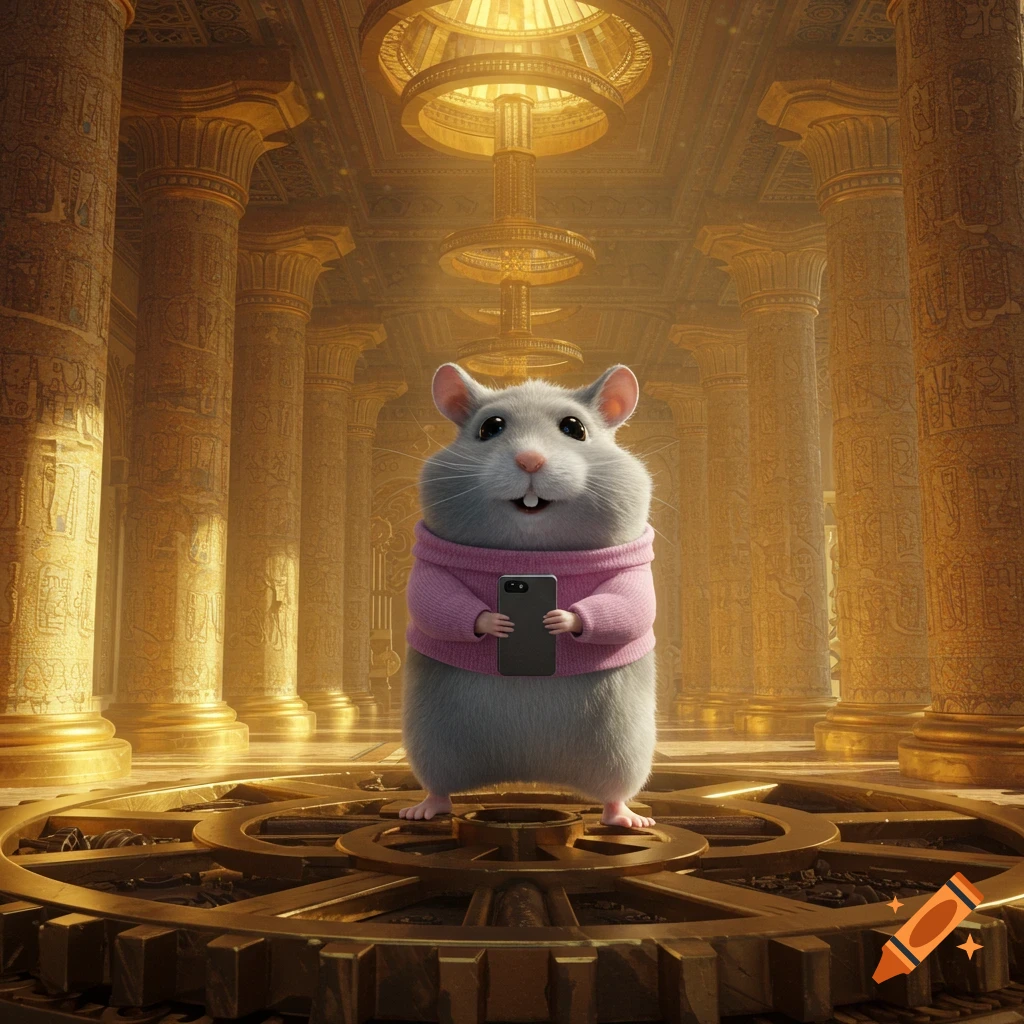 A cute gray hamster in a pink turtleneck holds a phone, standing on a giant golden gear in an elaborate, gold-filled temple.