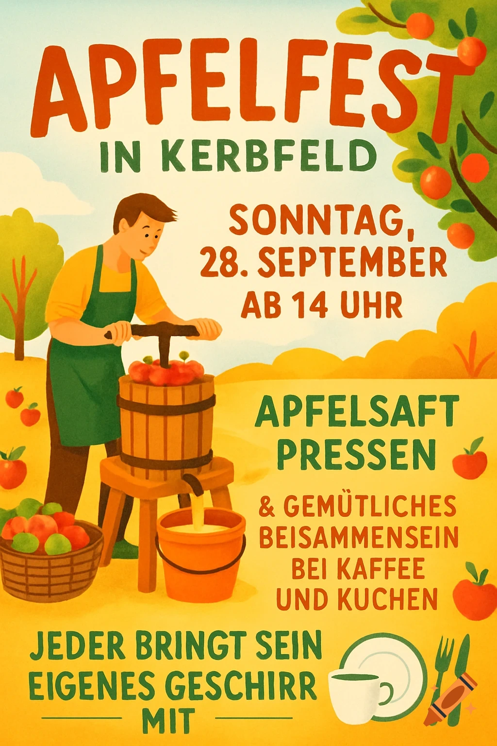 Illustration of a man pressing apples into juice at an outdoor apple festival, with event details in German.