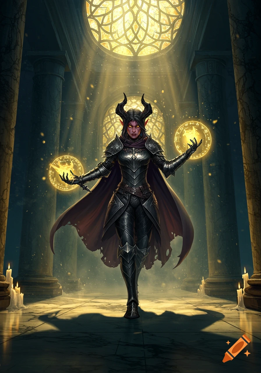 A horned demon warrior in black armor and a cape stands in a grand gothic hall, holding glowing magical orbs.
