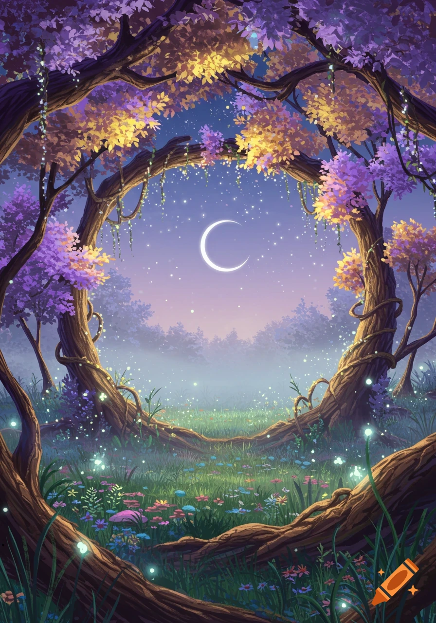 Magical forest scene at night with a crescent moon, starry sky, and twisted trees with purple and yellow leaves framing a meadow of glowing flowers.