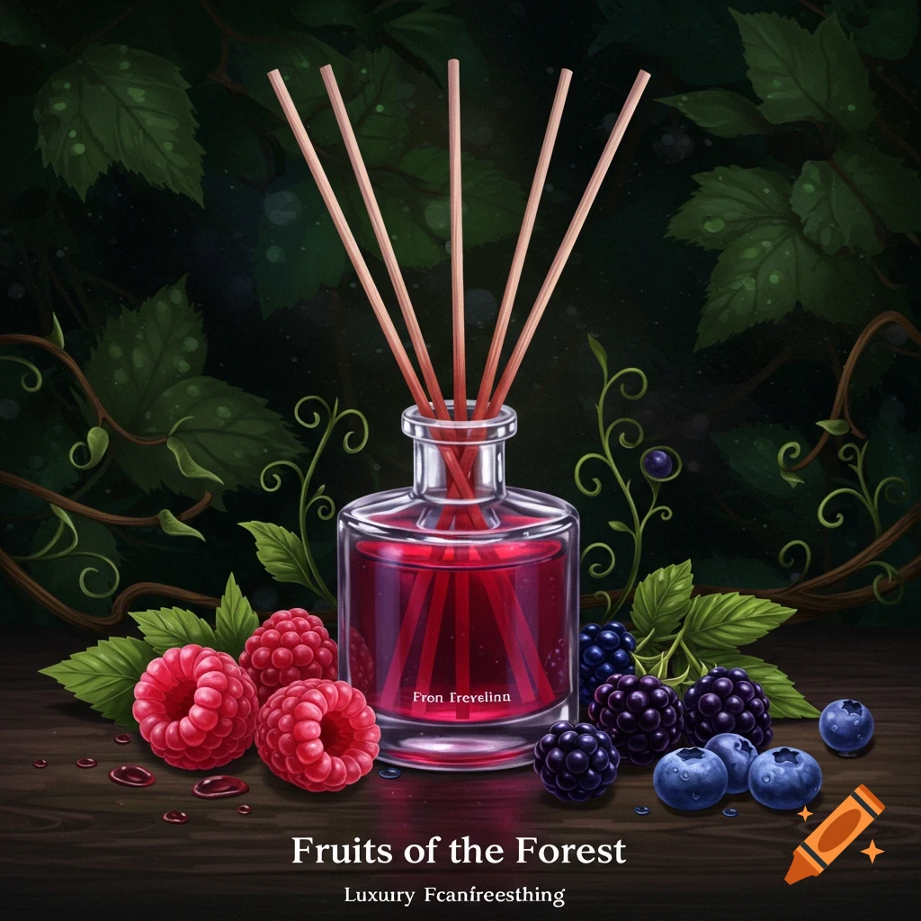 A stylized illustration of a red liquid diffuser with reeds, surrounded by raspberries, blackberries, and blueberries on a wooden surface, with forest foliage in the background.