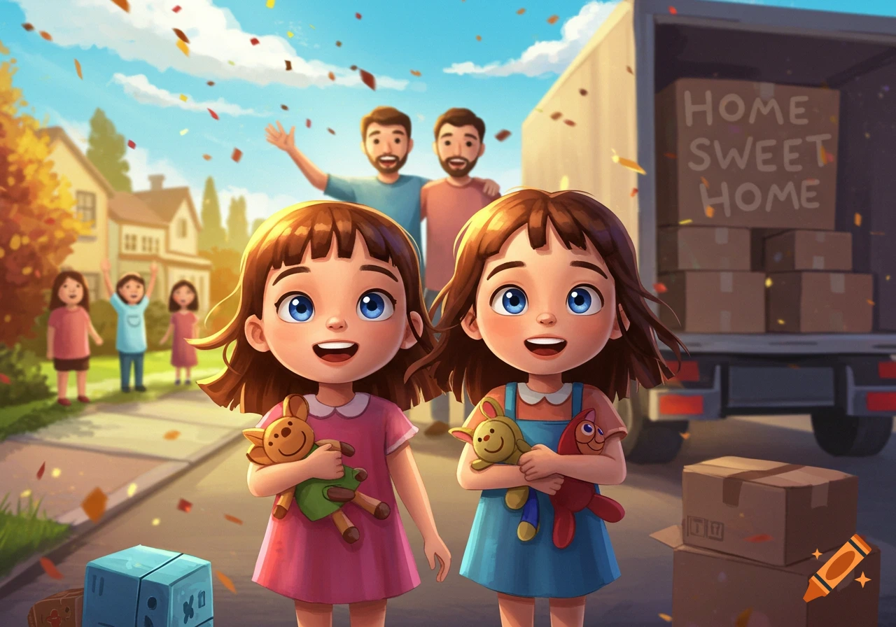 Two happy cartoon girls with their parents moving to a new house, holding stuffed animals, with friends waving in the background.