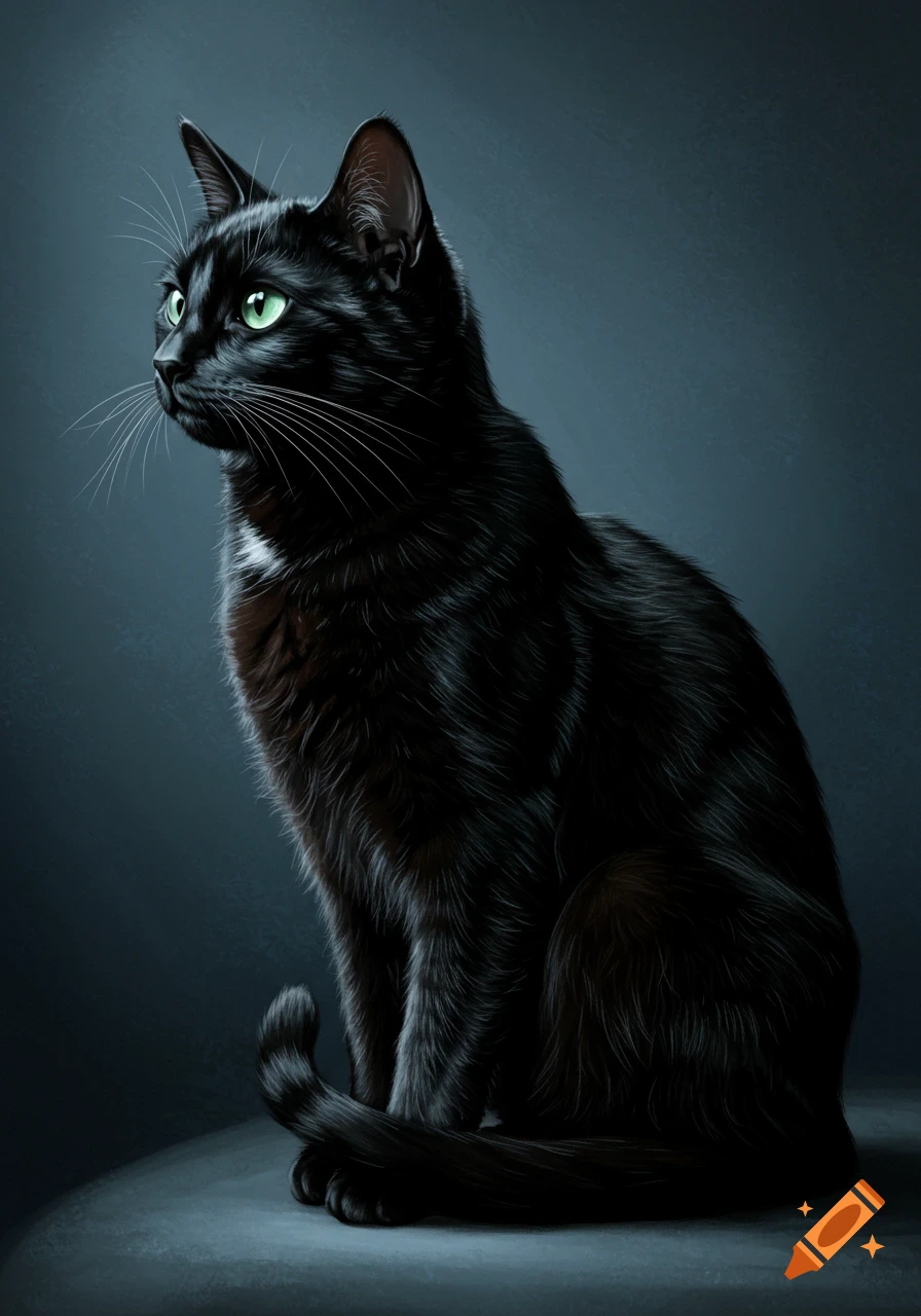 Realistic portrait of a black cat with vivid green eyes sitting and looking left against a dark background.