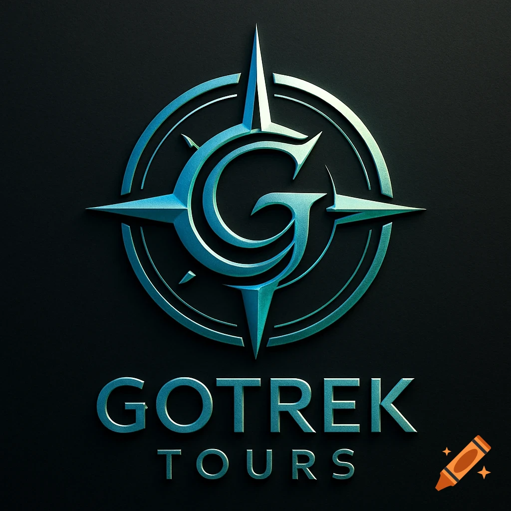 A metallic blue and teal logo for Gotrek Tours, featuring a compass rose with a stylized G in the center, embossed on a dark background.
