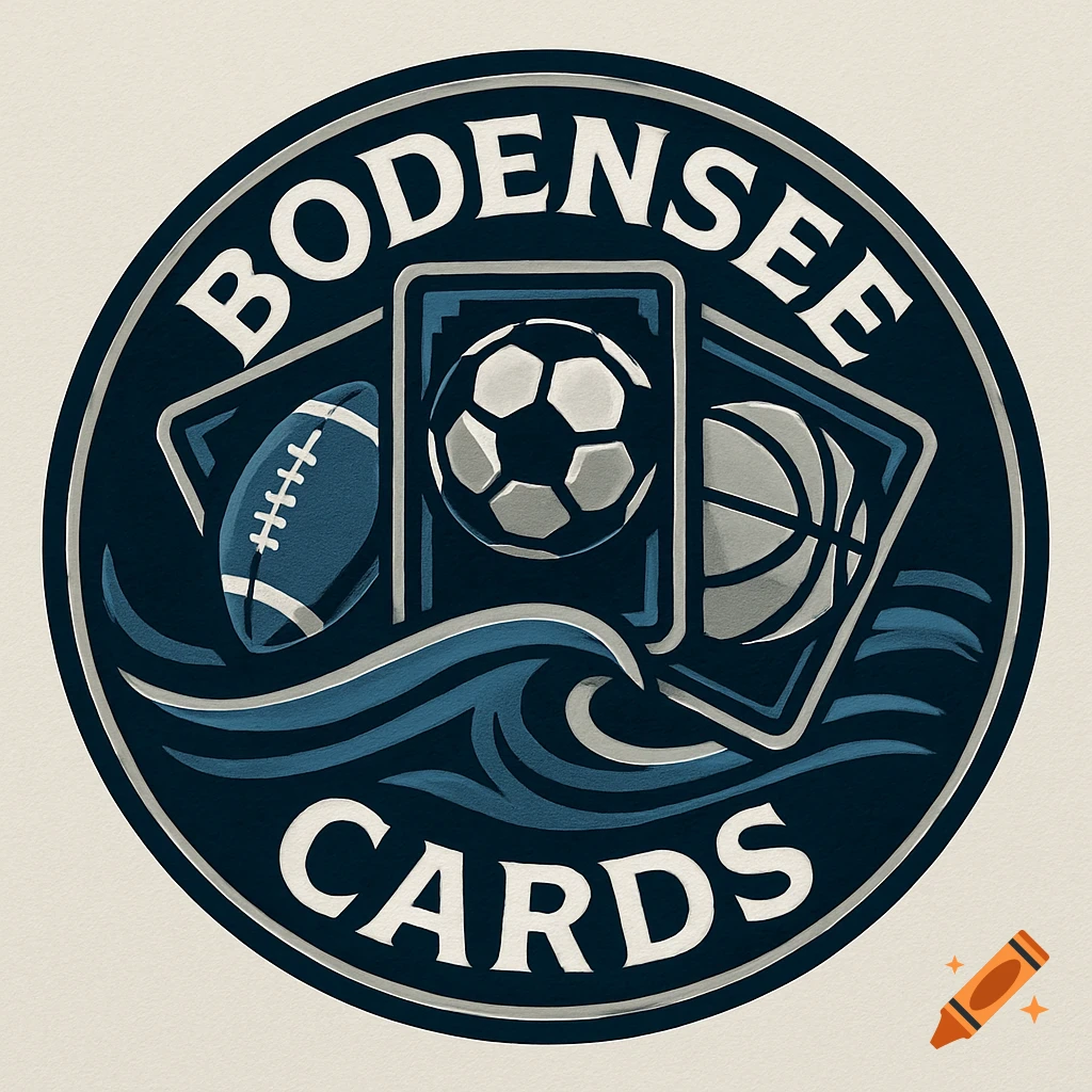 A round logo for Bodensee Cards featuring a football, soccer ball, basketball, trading cards, and waves in dark blue and silver.
