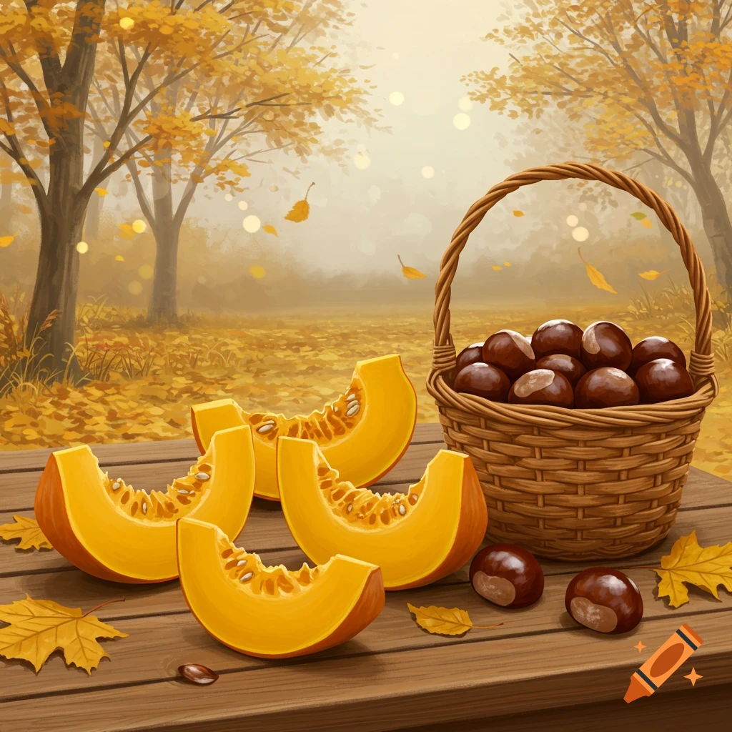 Pumpkin slices and a basket of chestnuts on a wooden table with autumn leaves, set in a golden fall forest.