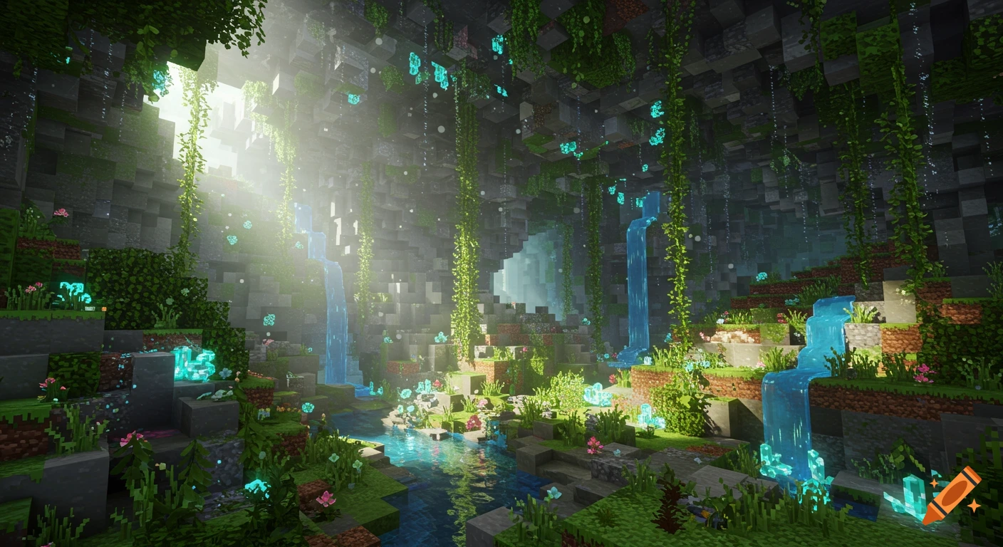 A beautiful, photorealistic Minecraft-style lush cave with waterfalls, glowing flora, and sunlight streaming in.