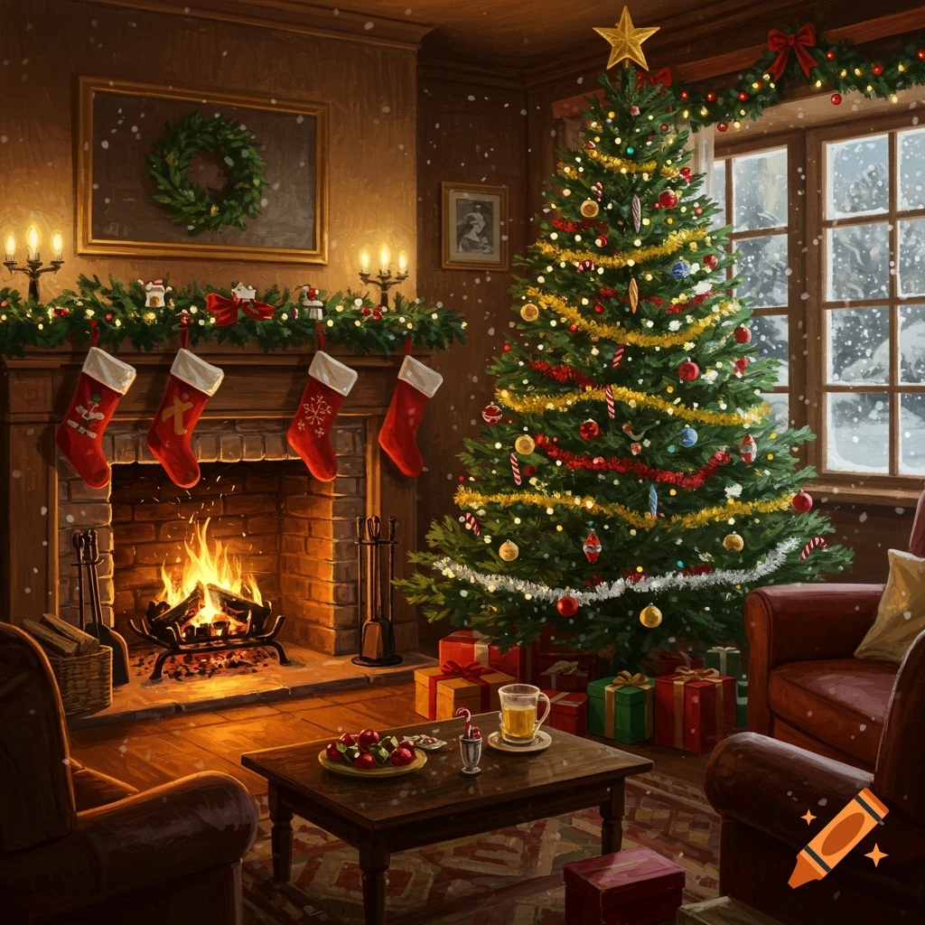 Cozy Christmas living room with a roaring fire in the fireplace, stockings, and a brightly decorated Christmas tree, with snow falling outside a window.