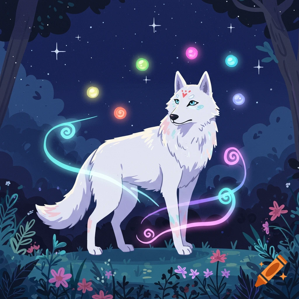 A cartoon illustration of a white magic wolf in a dark forest at night, surrounded by colorful glowing orbs and swirling light.