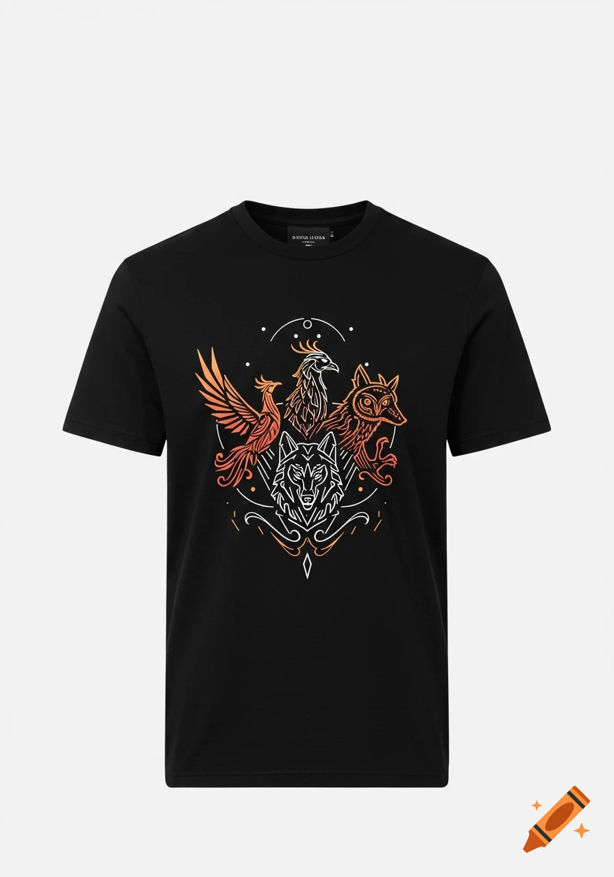 A black t-shirt featuring a stylized design of a phoenix, owl, and wolf in orange and white outline, centered on the chest.