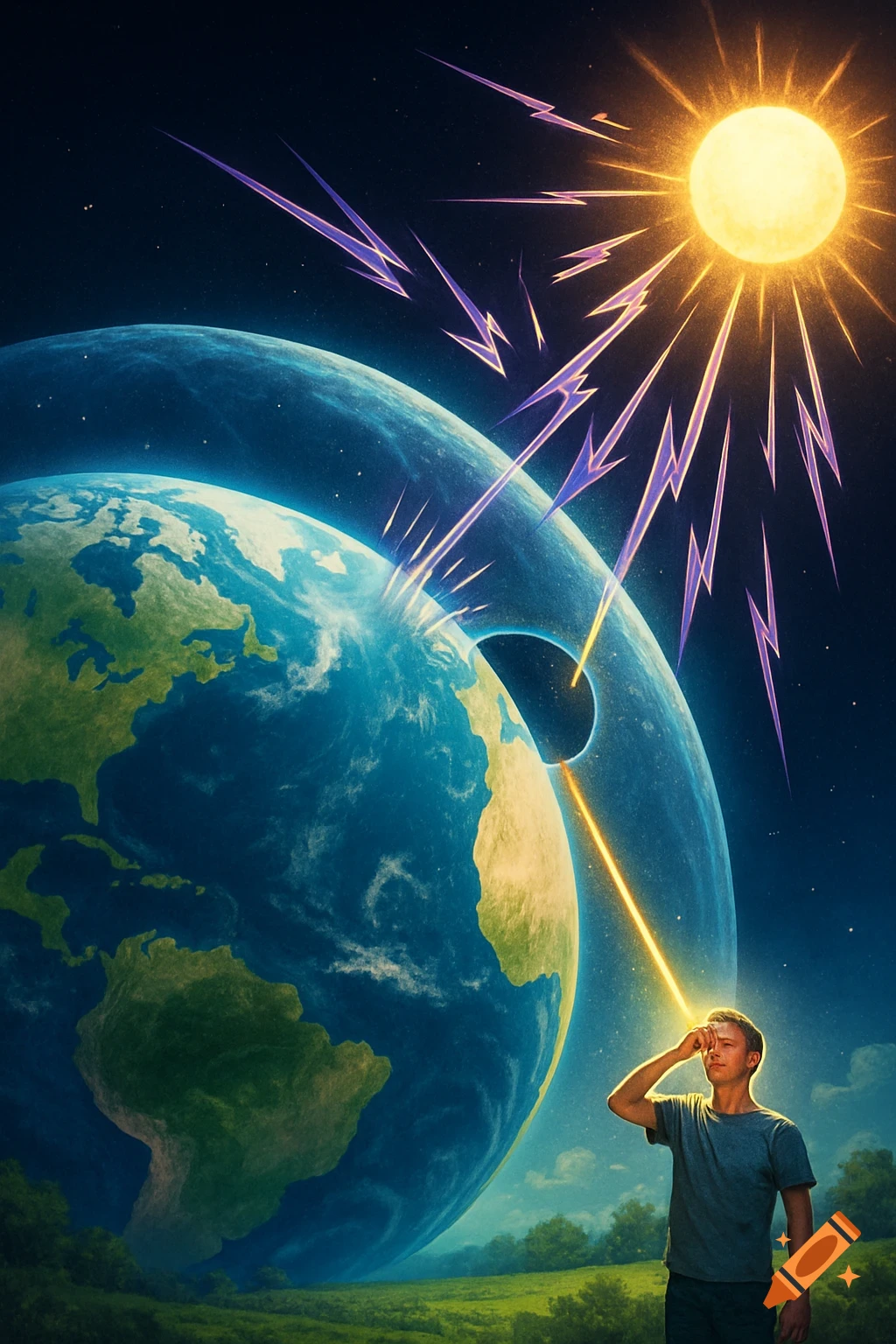 A man on Earth looks up as UV rays from the sun pass through a hole in a protective shield around the planet, striking his face.