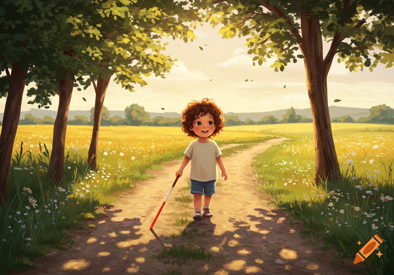 A smiling child with curly hair holds a white cane while walking on a dirt path through a sunlit field with trees, in an illustration style.