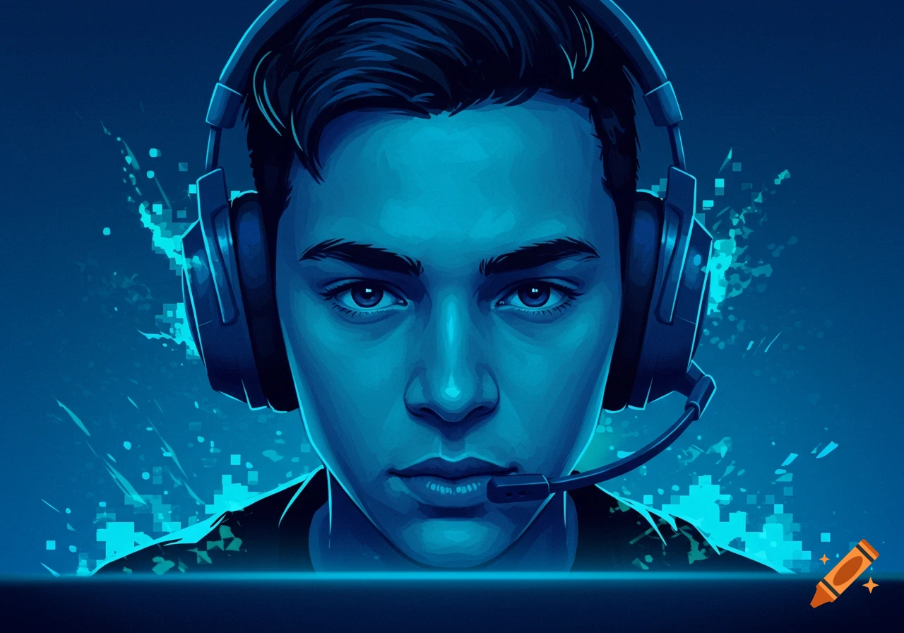 A stylized illustration of a young gamer wearing headphones with a microphone, illuminated by blue light with digital effects.