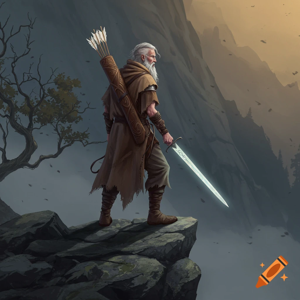 An old, white-bearded hermit in a brown robe stands on a rocky cliff, holding a glowing sword and carrying an arrow quiver, looking out at a misty mountain landscape.
