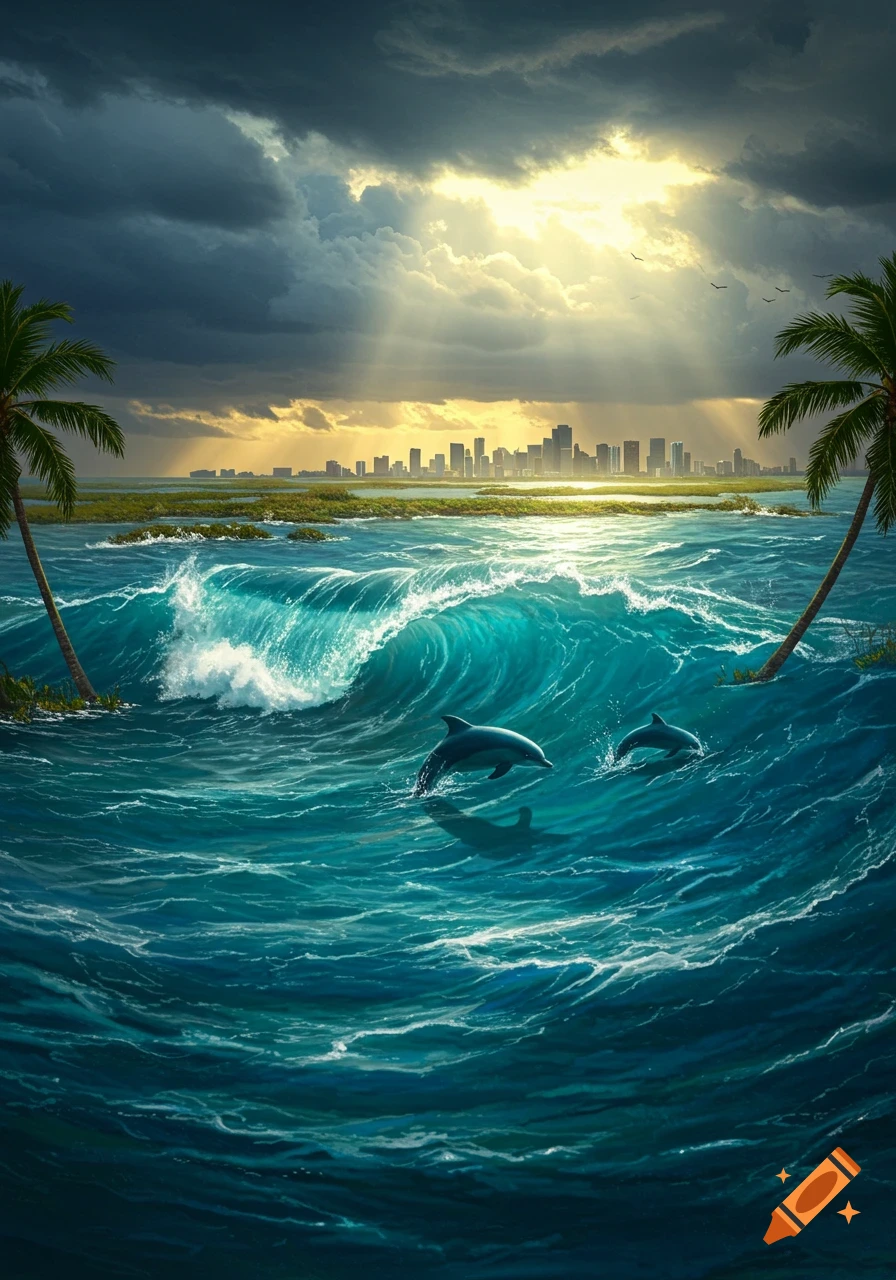 Two dolphins leap from dramatic turquoise waves near palm trees, with a city skyline under a stormy, sunlit sky.