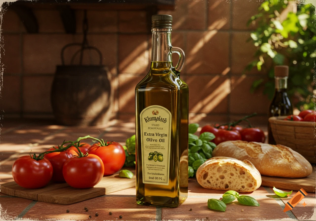 A bottle of olive oil, fresh tomatoes, bread, and basil leaves arranged on a rustic tiled surface in sunlight.