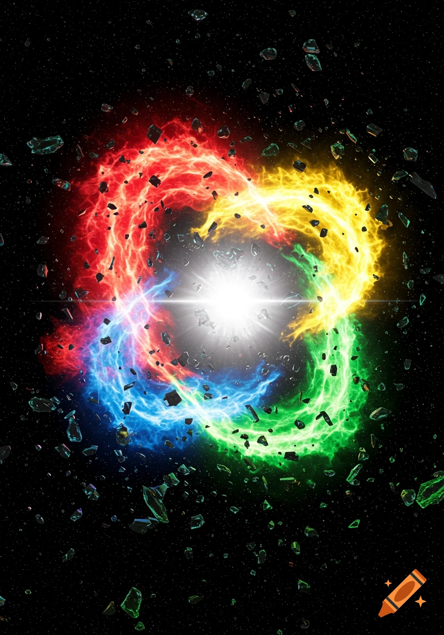 Red, blue, yellow, and green fiery energy swirls around a bright white light in outer space with scattered glass shards.