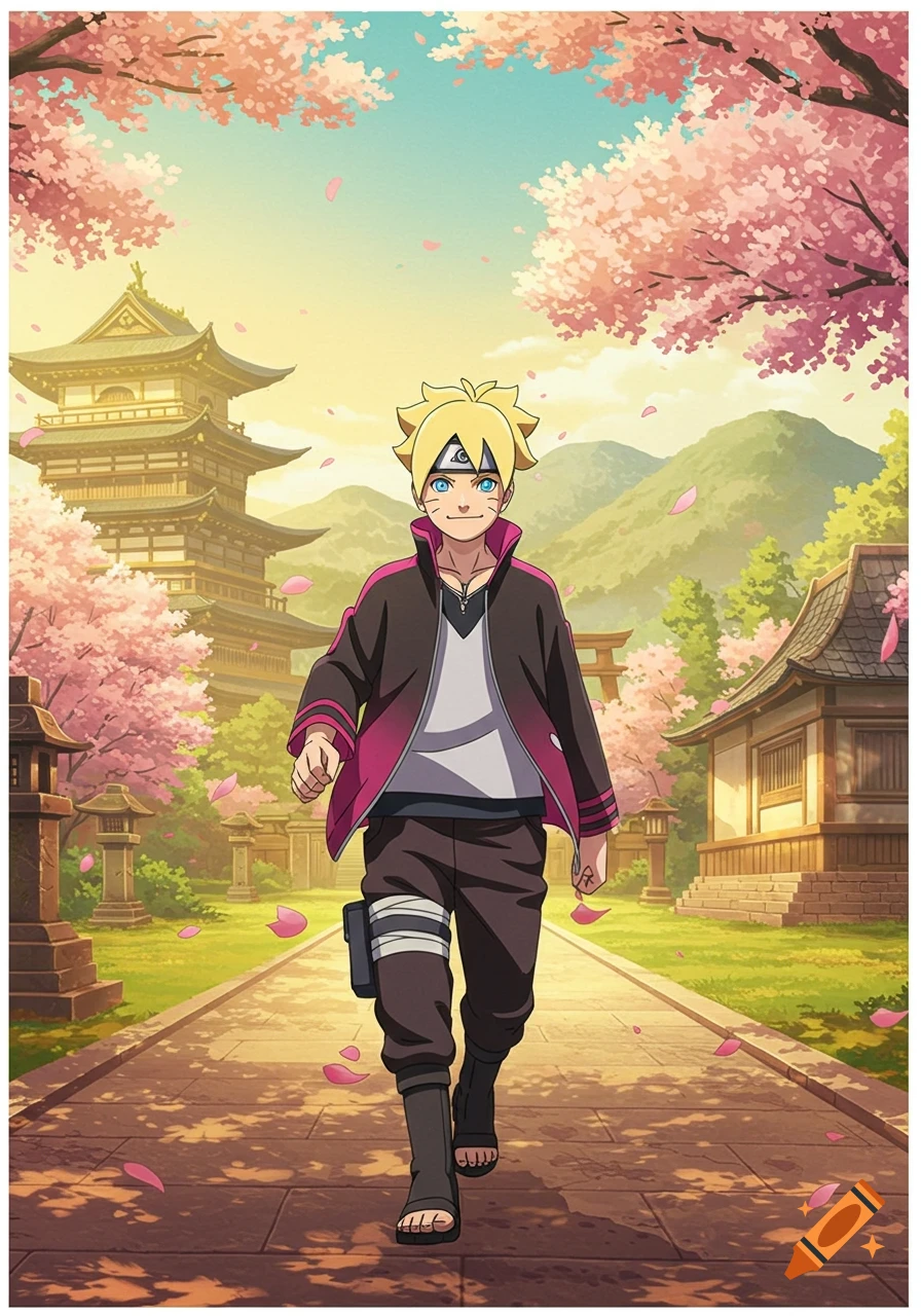 Anime character Boruto walks on a path lined with pink cherry blossoms, traditional Japanese buildings, and mountains in the background.