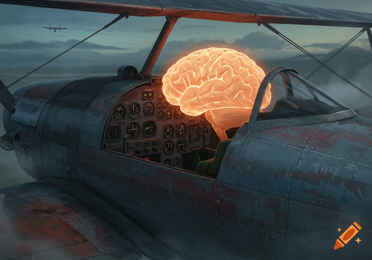 A glowing human brain is seated in the cockpit of a weathered vintage biplane, flying through a cloudy sky.
