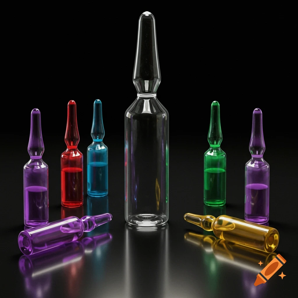 A large clear ampoule stands amidst smaller colorful ampoules (purple, red, blue, green, gold) on a reflective black surface.