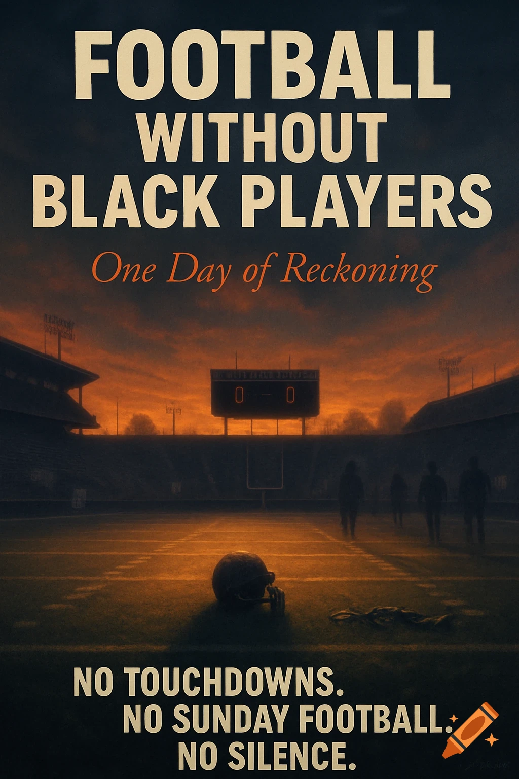 A poster depicts a dark, empty football stadium at sunset with a helmet on the field. Text reads: "Football Without Black Players"