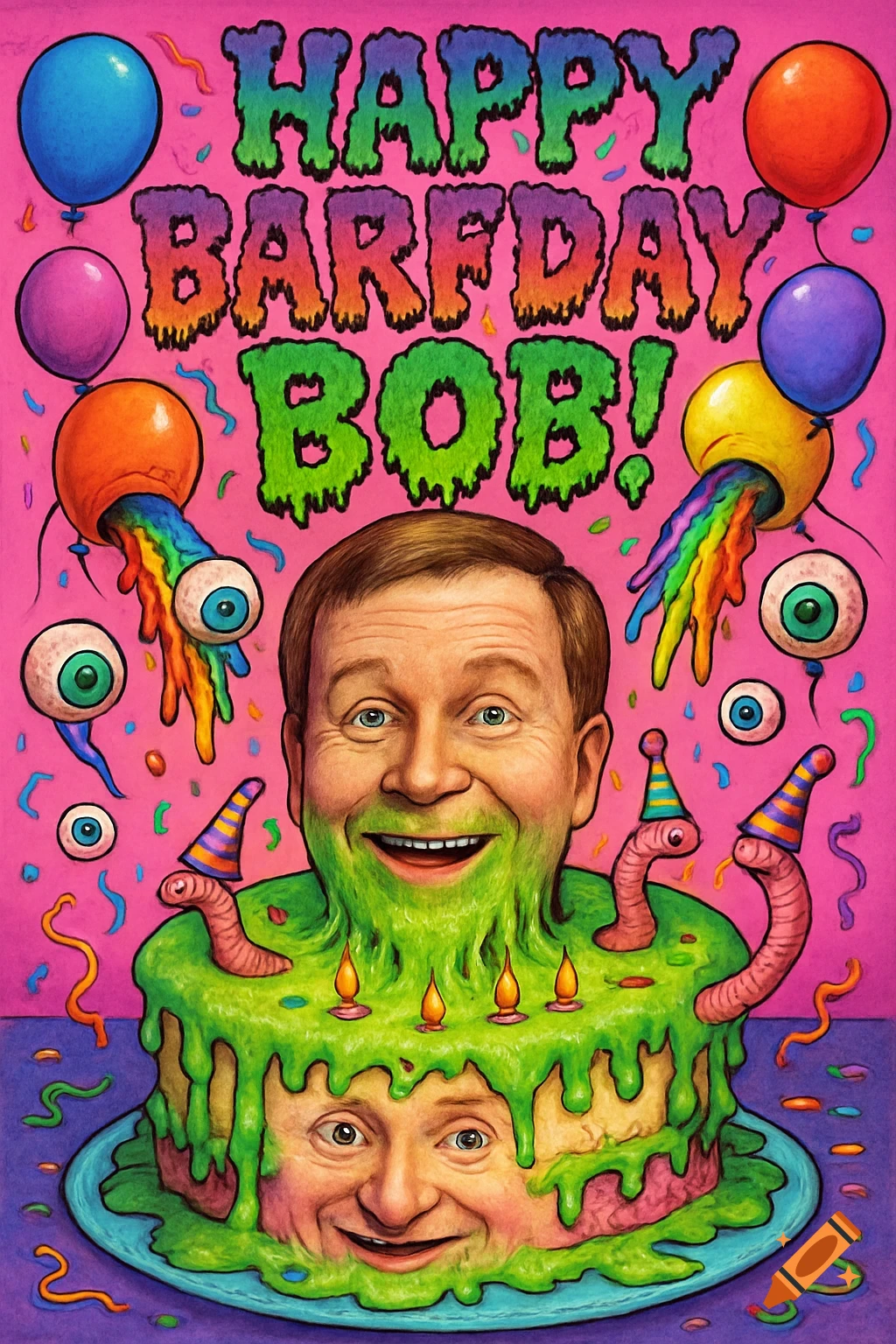 A man's face emerges from a green-slimed birthday cake with worms and candles. Rainbow 'barf' streams from balloons, eyeballs float in a pink background with 'Happy Barfday Bob!' text.