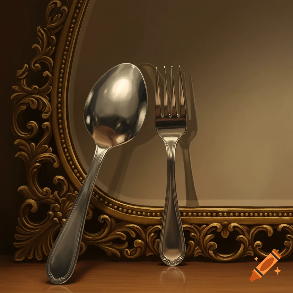A photorealistic still life of a silver spoon reflecting a fork in an ornate gold mirror.