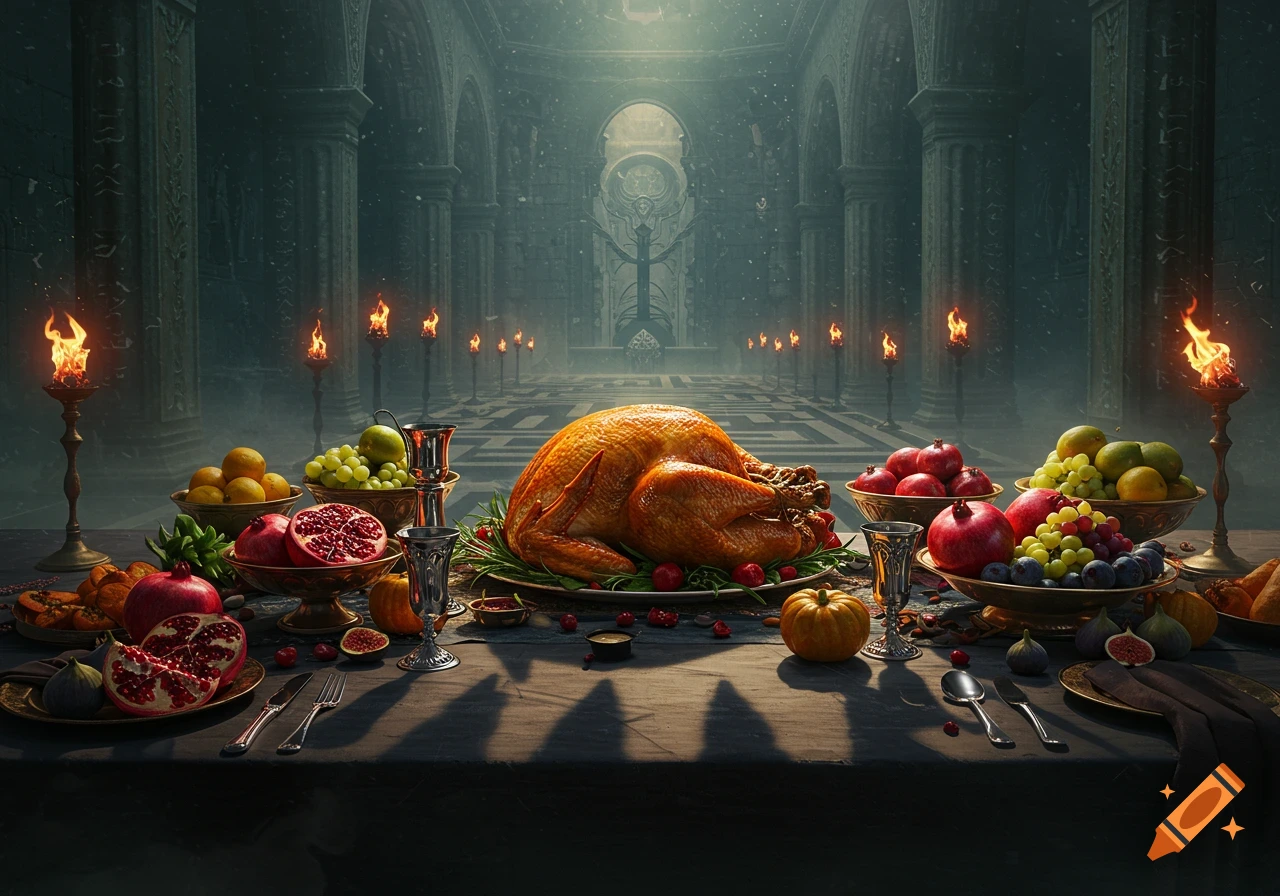 A grand fantasy feast with a roasted turkey and bowls of fruit on a table, set in an eerie, torch-lit gothic hall.