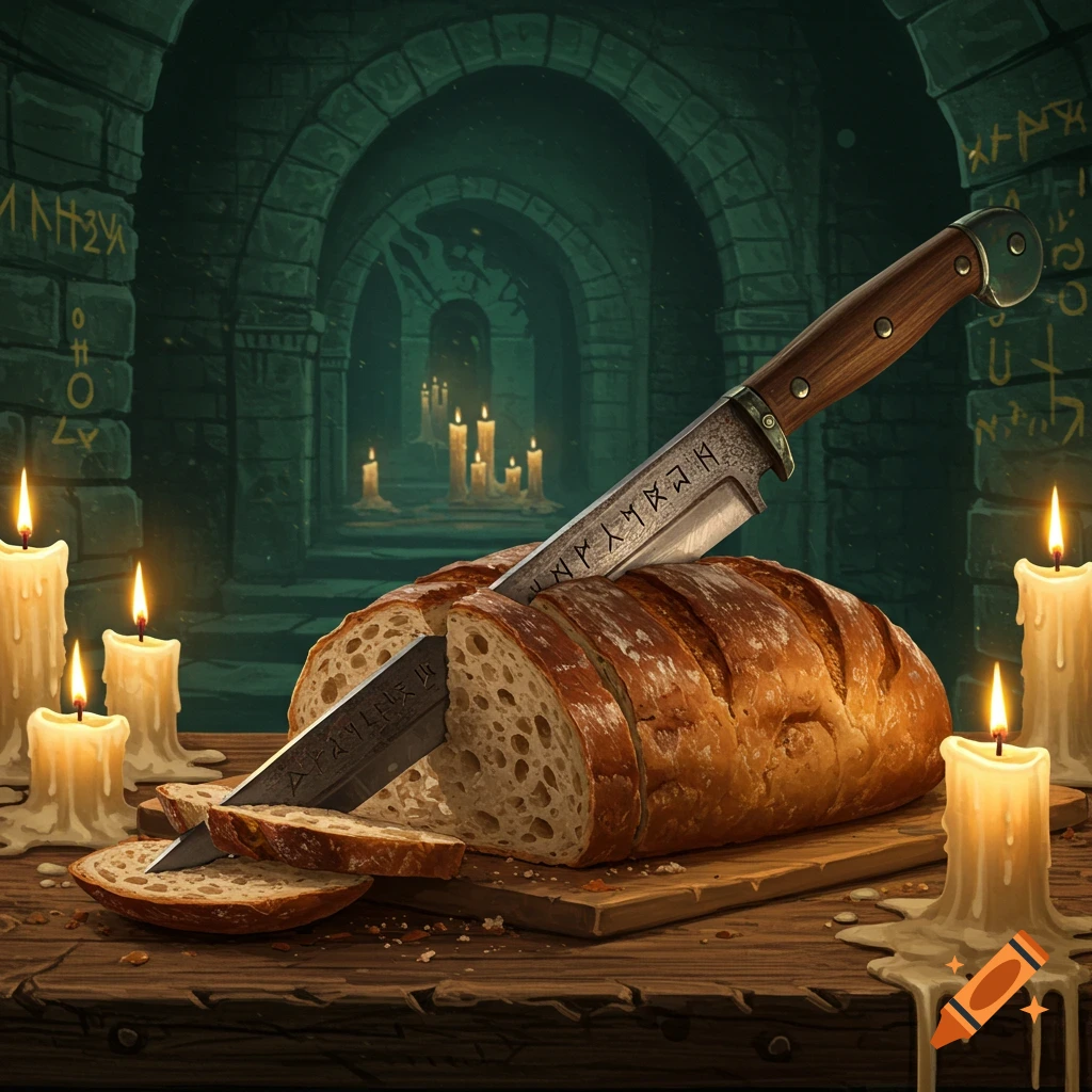 A knife with runes on its blade slices a loaf of bread on a wooden board amidst lit candles in an eerie stone dungeon.