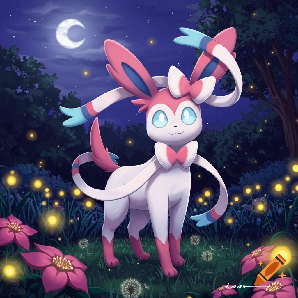 Sylveon, a pink and white Pokemon, stands in a magical moonlit forest surrounded by glowing fireflies and pink flowers.