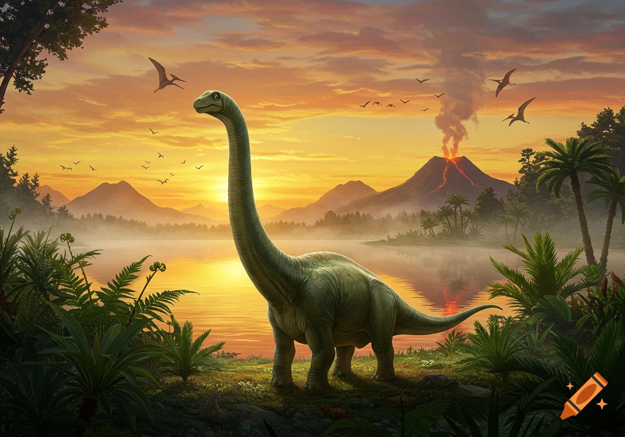 A long-necked brontosaurus stands by a misty lake as a volcano erupts under a vibrant orange sunset, with pterodactyls flying overhead.