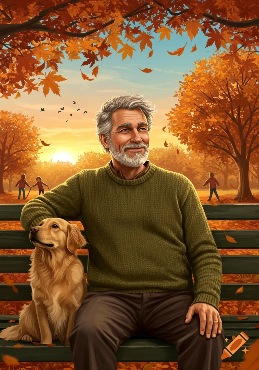 An elderly man with a white beard sits on a park bench next to a golden retriever, surrounded by vibrant autumn trees and falling leaves.