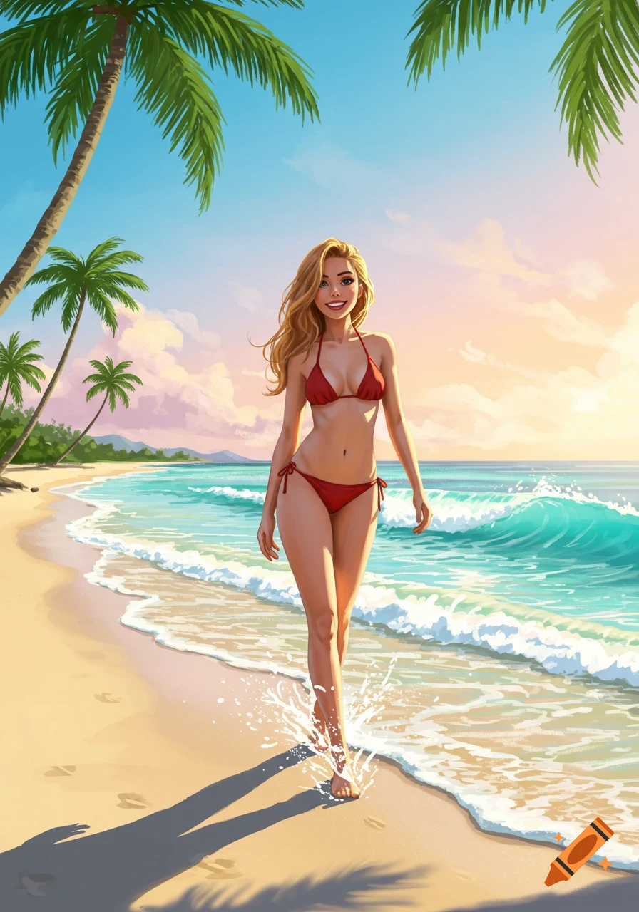 An anime-style woman in a red bikini walks on a sunny tropical beach with palm trees and ocean waves, splashing water.