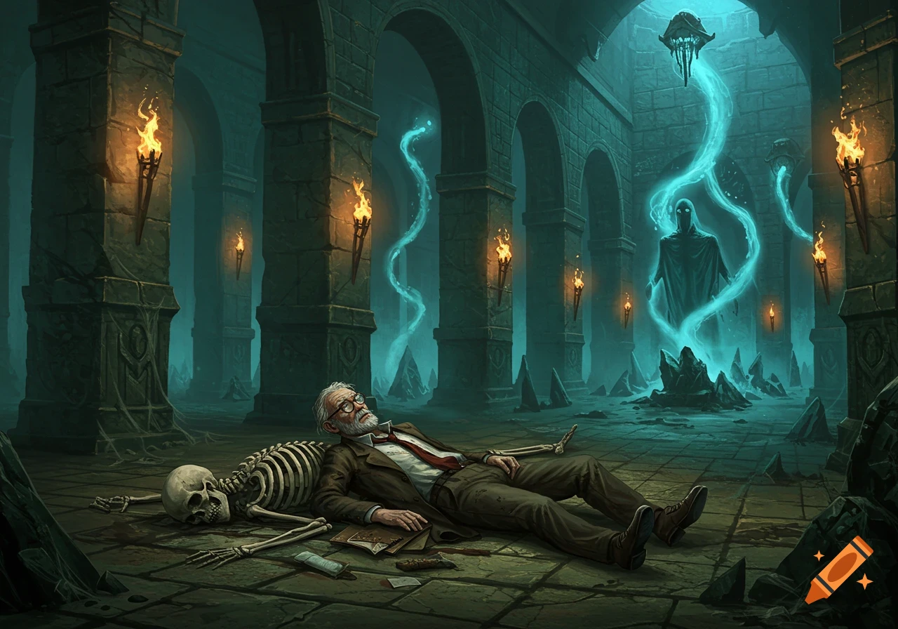 An old journalist lies dead next to a skeleton in an eerie stone dungeon with glowing blue spirits and torches, fantasy art.