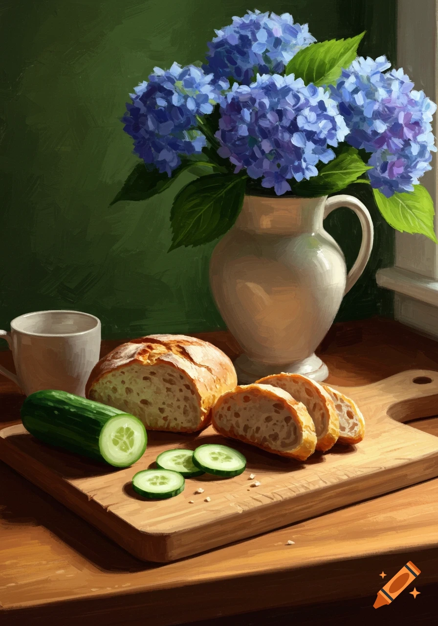 Painted still life with a loaf of bread, sliced cucumber on a cutting board, and a vase of blue hydrangeas.