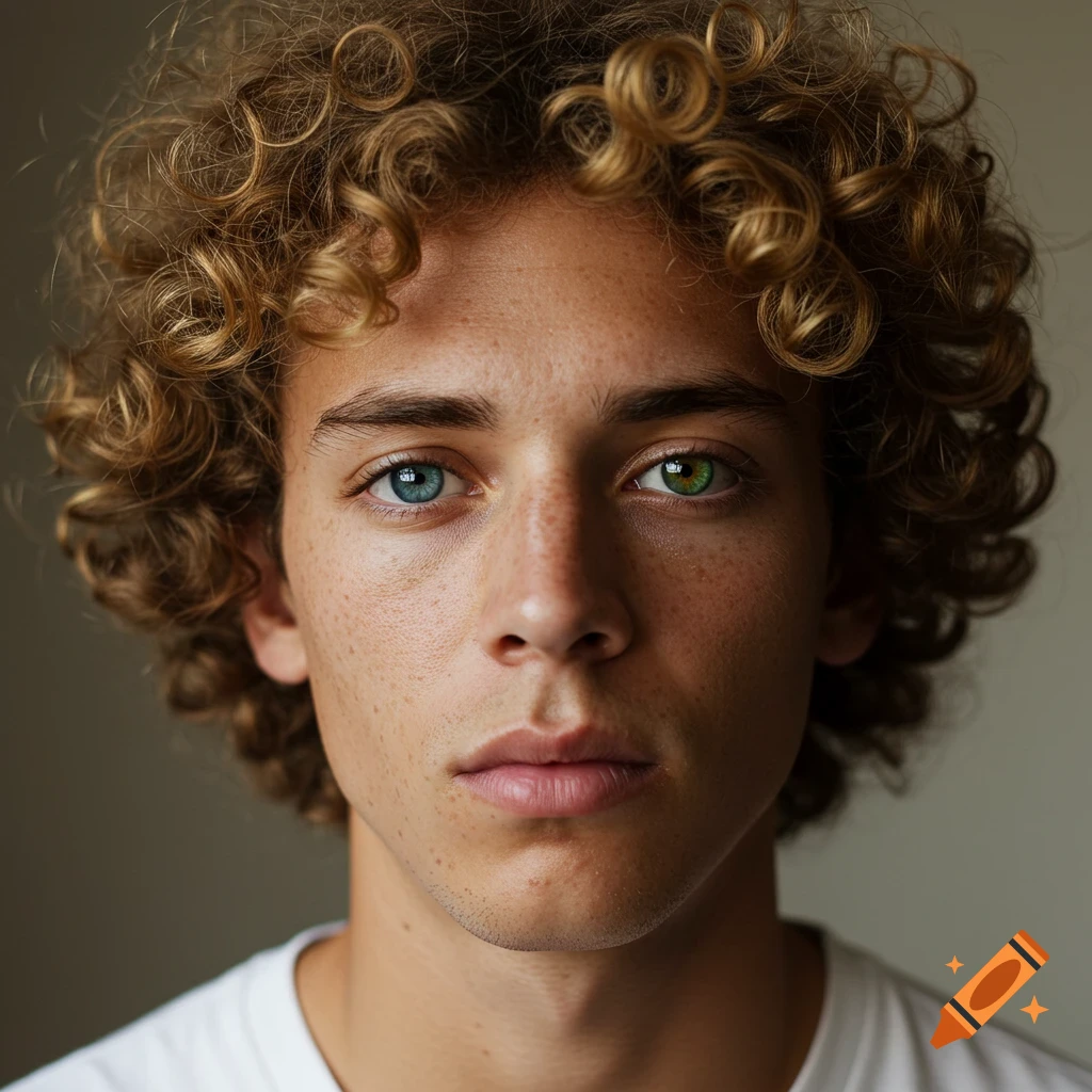 Close-up photorealistic portrait of a young man with curly blonde-brown hair, freckles, and heterochromia (one blue eye, one green eye).