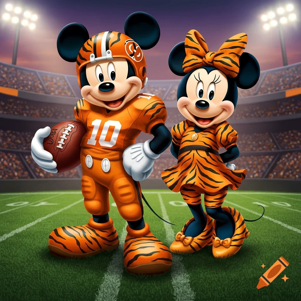 Mickey Mouse in an orange football uniform holding a football, next to Minnie Mouse in a tiger-striped dress and bow in a stadium.