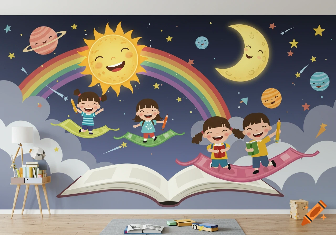 A colorful children's wall mural with happy kids flying on open books like magic carpets in a starry sky, with a smiling sun, moon, and planets, and a rainbow.