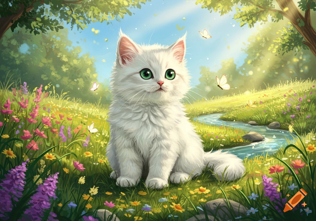 A fluffy white kitten with big green eyes sits in a vibrant meadow among colorful flowers, butterflies, and a stream, digital illustration.