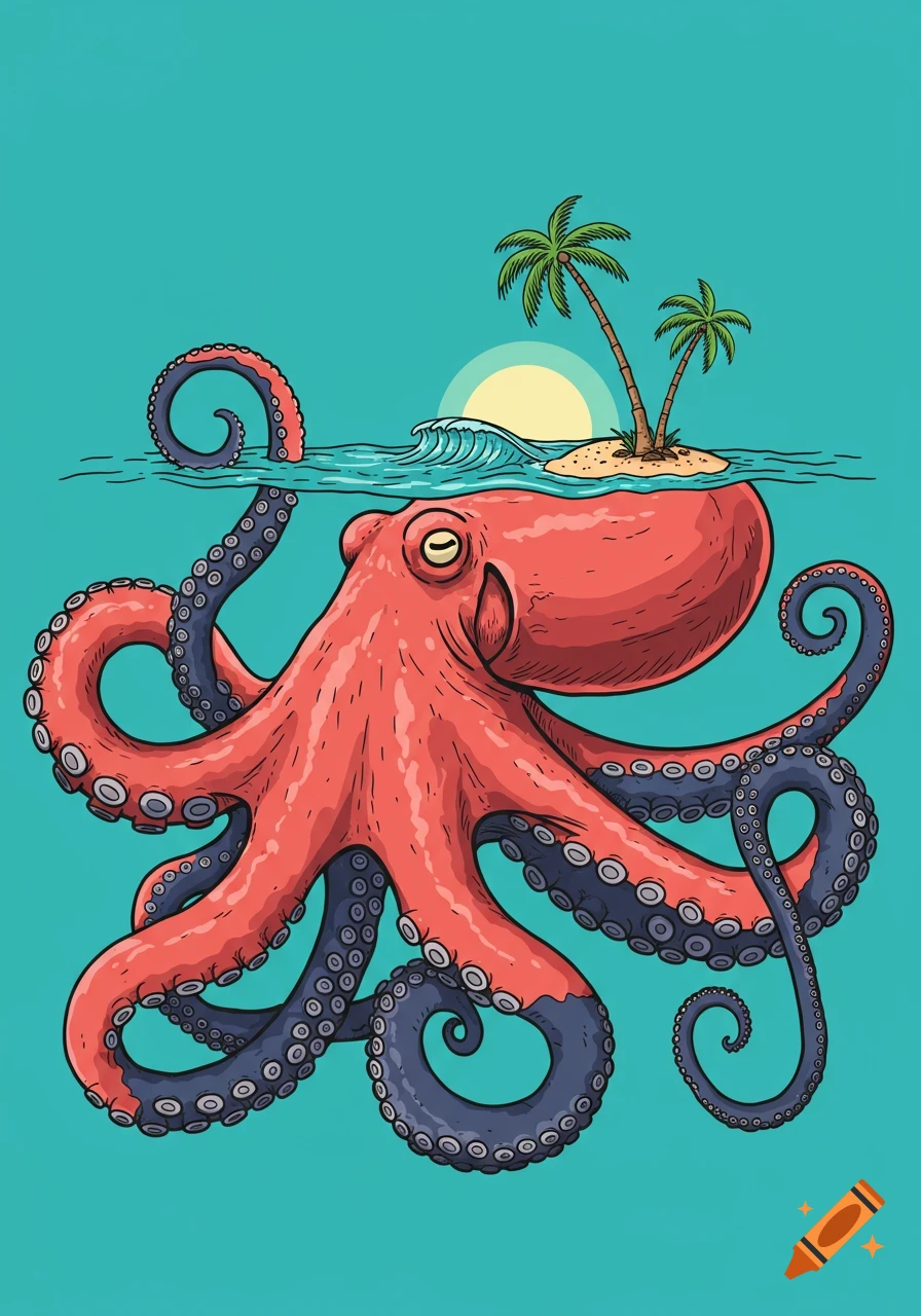 Stylized illustration of a large red octopus underwater, with a small tropical island and palm trees on its head, under a yellow sun.