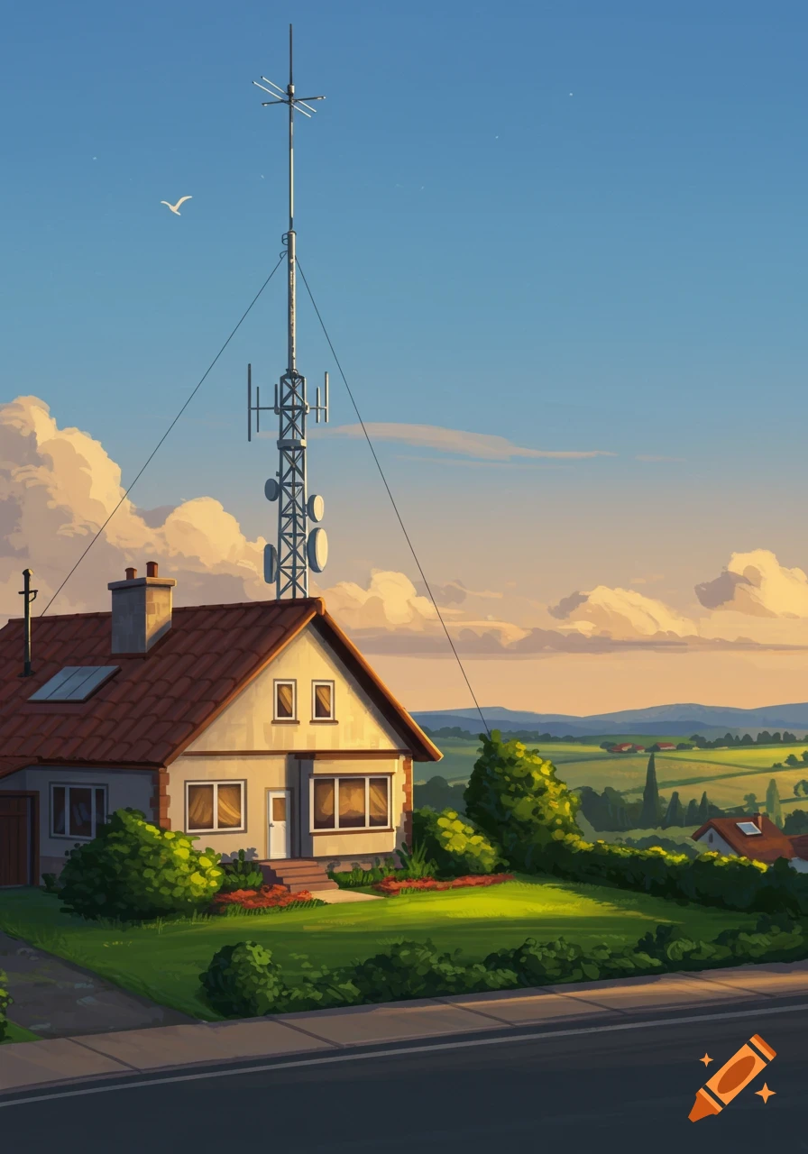 Illustrative scene of a house with a tall radio antenna in a green rural landscape at sunset under a blue sky.