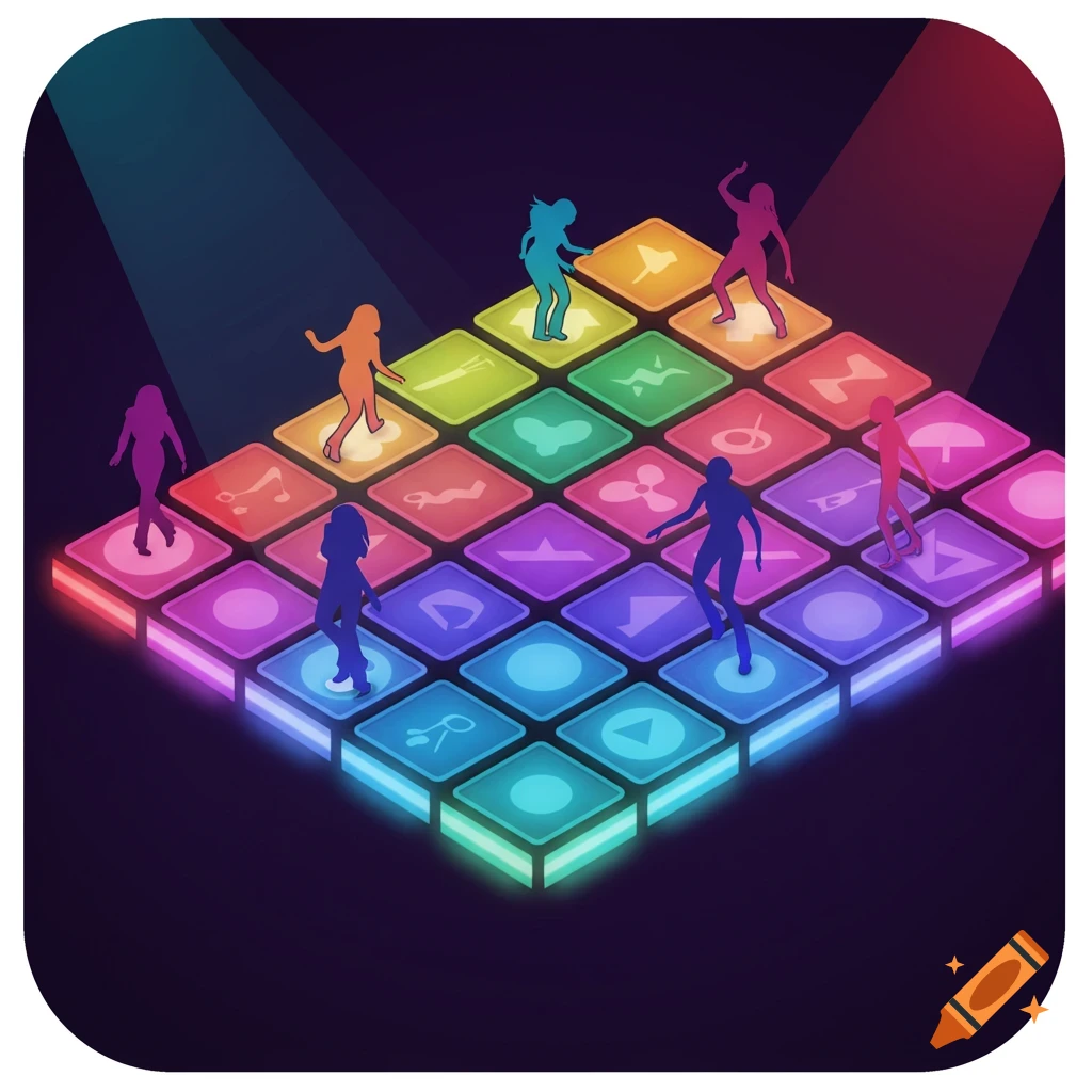 Stylized app icon featuring silhouettes of dancers on an isometric grid of glowing, colorful squares.
