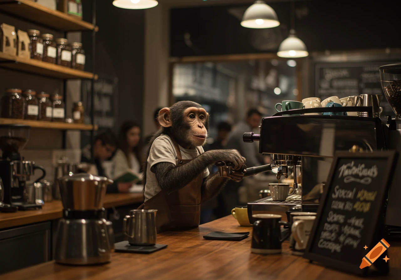 A chimpanzee barista in a white shirt and apron operates an espresso machine in a warm, busy coffee shop.