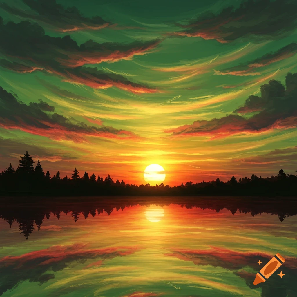 Vibrant, stylized sunset with green, yellow, and red clouds reflected in a still lake, silhouetted by a forest.