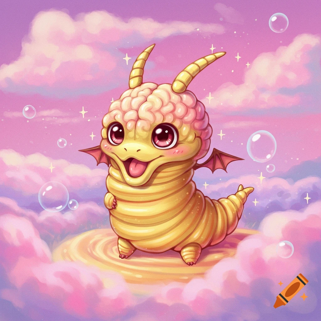Cute yellow brain-headed creature with tiny wings and horns smiles in pink and purple clouds with bubbles.